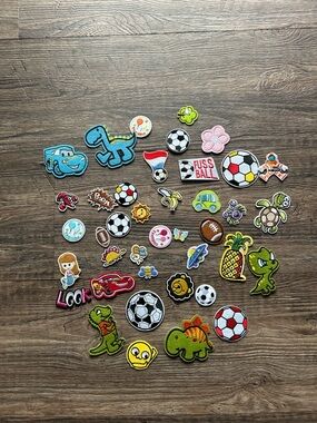 35+ Assorted Kids Iron-On Cartoon Patch Set Colorful Soccer Dino & Fruit Designs
